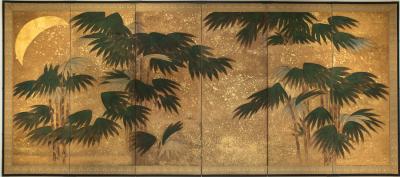 Japanese Six Panel Screen Chinese Bamboo with Moon and Gold Stars