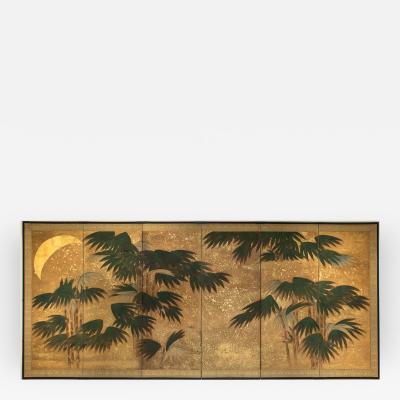 Japanese Six Panel Screen Chinese Bamboo with Moon and Gold Stars