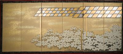 Japanese Six Panel Screen Chrysanthemum Pavilion