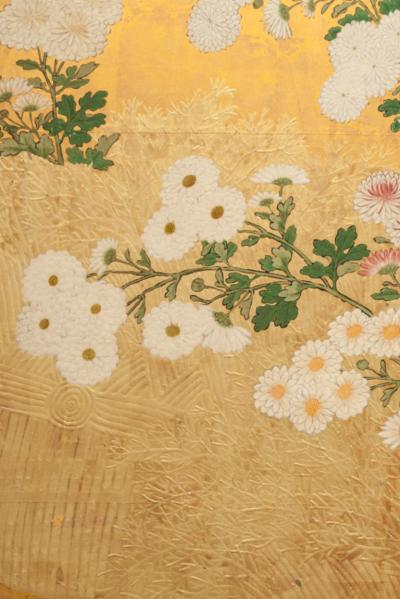 Japanese Six Panel Screen Chrysanthemums Cascading Over A Garden Fence