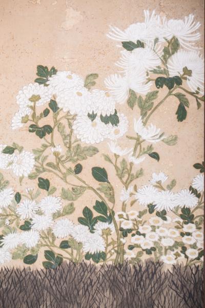 Japanese Six Panel Screen Chrysanthemums and Twig Fence with Gold Flakes