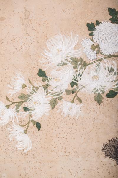 Japanese Six Panel Screen Chrysanthemums and Twig Fence with Gold Flakes