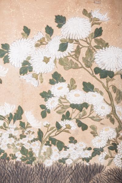 Japanese Six Panel Screen Chrysanthemums and Twig Fence with Gold Flakes