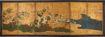 Japanese Six Panel Screen Chrysanthemums by Rivers Edge