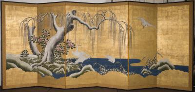 Japanese Six Panel Screen Egrets Under Willow