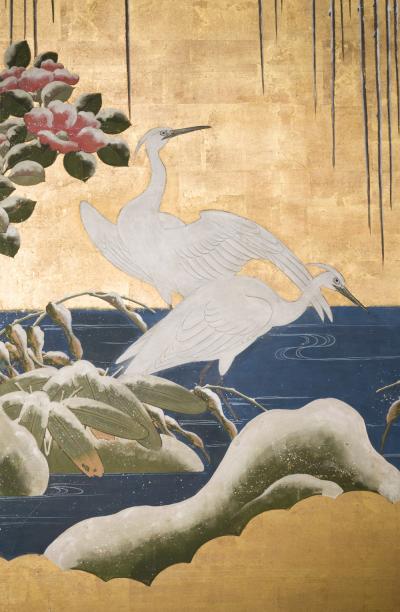 Japanese Six Panel Screen Egrets Under Willow