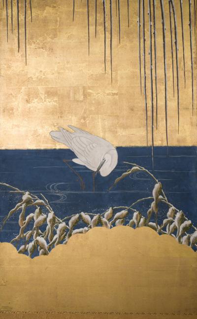 Japanese Six Panel Screen Egrets Under Willow