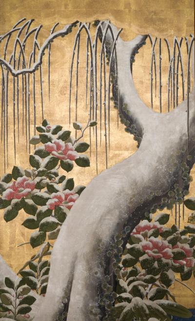 Japanese Six Panel Screen Egrets Under Willow