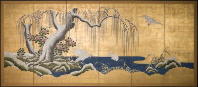 Japanese Six Panel Screen Egrets Under Willow