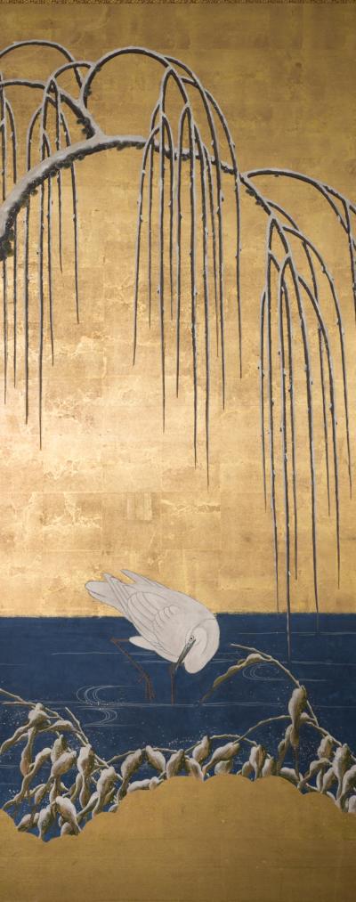 Japanese Six Panel Screen Egrets Under Willow