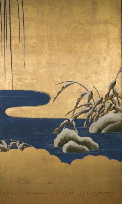 Japanese Six Panel Screen Egrets Under Willow