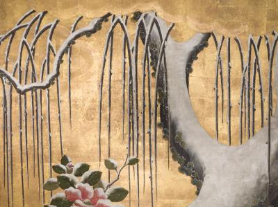 Japanese Six Panel Screen Egrets Under Willow