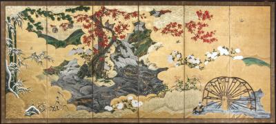 Japanese Six Panel Screen Fall Into Winter Landscape