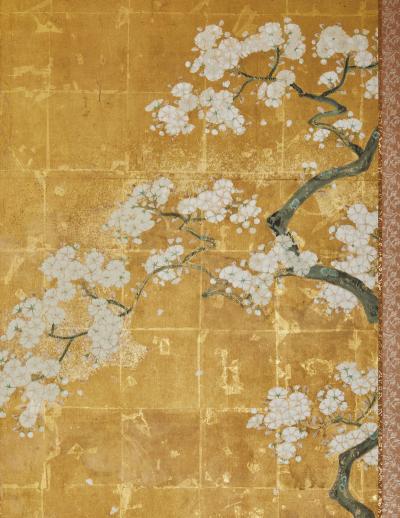 Japanese Six Panel Screen Falling Cherry Blossoms