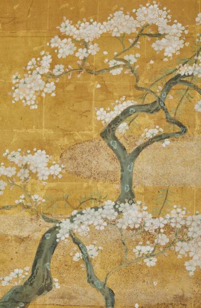 Japanese Six Panel Screen Falling Cherry Blossoms