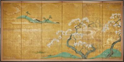 Japanese Six Panel Screen Falling Cherry Blossoms