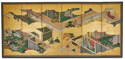 Japanese Six Panel Screen Genji Court Scenes from the Tale of Genji