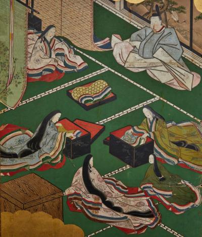 Japanese Six Panel Screen Genji Court Scenes from the Tale of Genji
