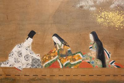 Japanese Six Panel Screen Glorious Painting of Lady Murasaki on Lake Biwa