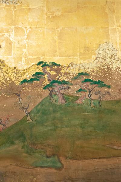 Japanese Six Panel Screen Glorious Painting of Lady Murasaki on Lake Biwa