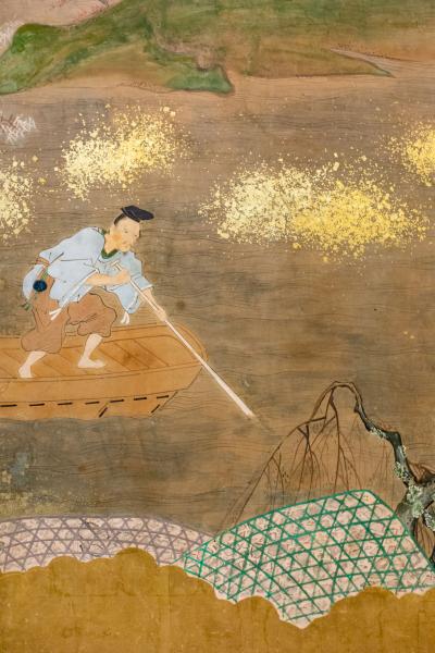 Japanese Six Panel Screen Glorious Painting of Lady Murasaki on Lake Biwa