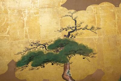 Japanese Six Panel Screen Glorious Painting of Lady Murasaki on Lake Biwa