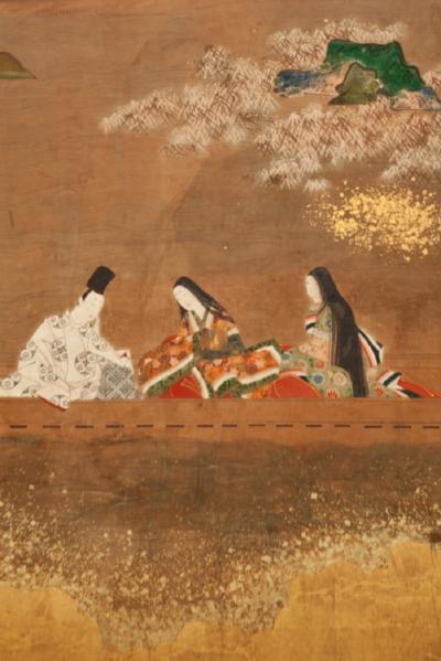 Japanese Six Panel Screen Glorious Painting of Lady Murasaki on Lake Biwa