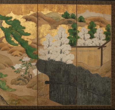 Japanese Six Panel Screen Hawk with Ancient Pine