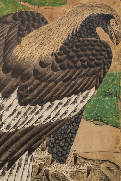 Japanese Six Panel Screen Hawk with Ancient Pine