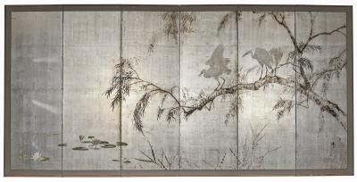 Japanese Six Panel Screen Herons in Willow