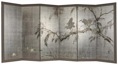 Japanese Six Panel Screen Herons in Willow