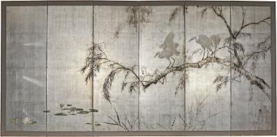 Japanese Six Panel Screen Herons in Willow