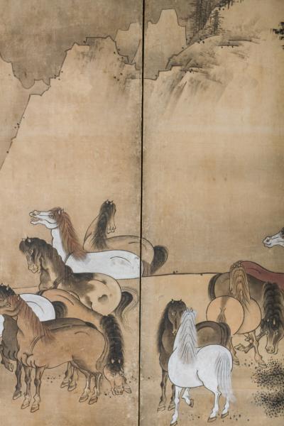 Japanese Six Panel Screen Horses In A Gentle Landscape
