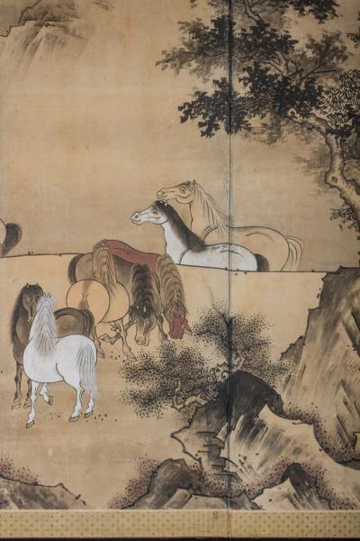 Japanese Six Panel Screen Horses In A Gentle Landscape