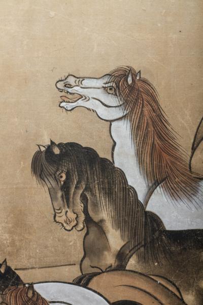 Japanese Six Panel Screen Horses In A Gentle Landscape