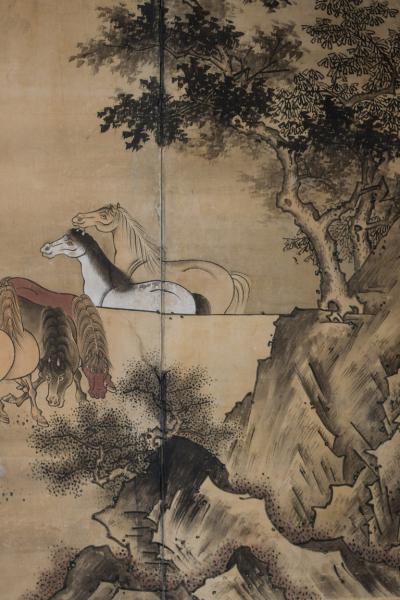 Japanese Six Panel Screen Horses In A Gentle Landscape