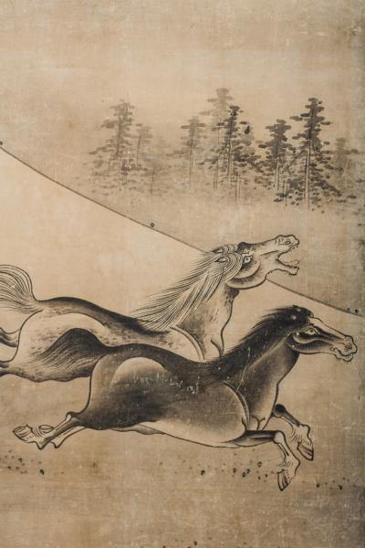 Japanese Six Panel Screen Horses In A Gentle Landscape