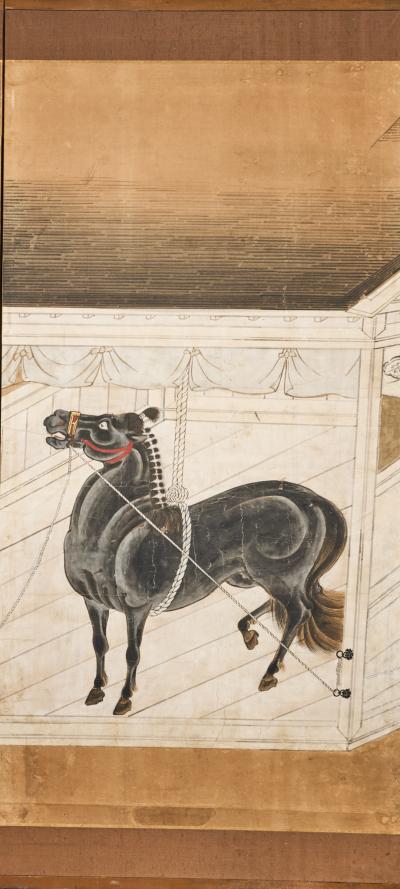 Japanese Six Panel Screen Horses in Stable