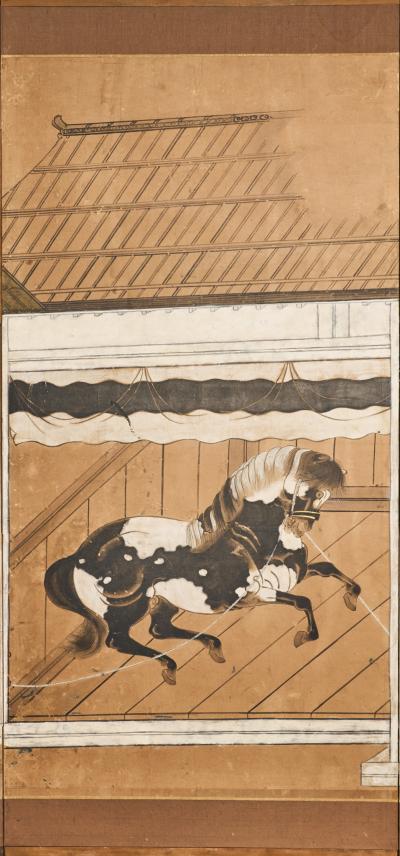 Japanese Six Panel Screen Horses in Stable