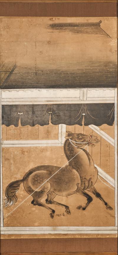 Japanese Six Panel Screen Horses in Stable
