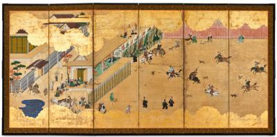 Japanese Six Panel Screen Inuoumono Dog Chase 