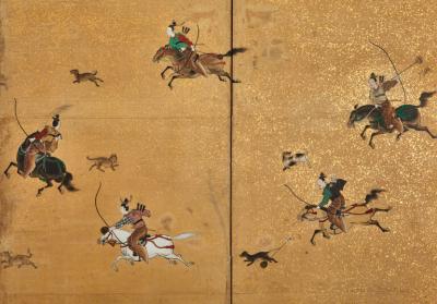 Japanese Six Panel Screen Inuoumono Dog Chase 