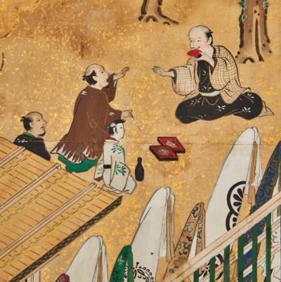 Japanese Six Panel Screen Inuoumono Dog Chase 