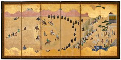 Japanese Six Panel Screen Inuoumono Dog Chase 