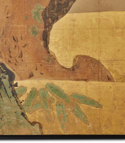 Japanese Six Panel Screen Kano School Venerable Old Pine