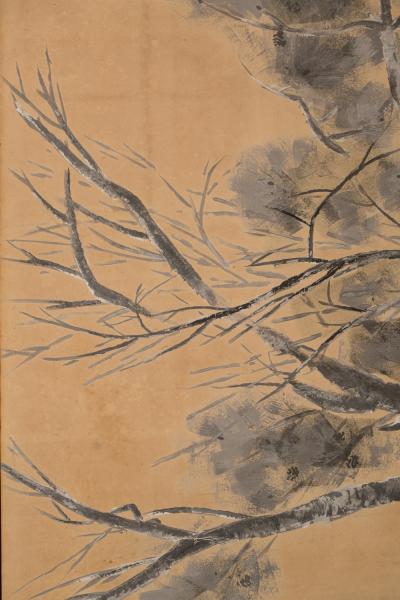 Japanese Six Panel Screen Late Autumn Pine and Crescent Moon
