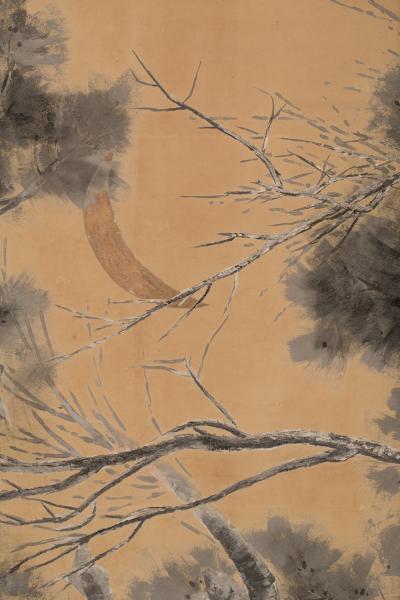 Japanese Six Panel Screen Late Autumn Pine and Crescent Moon