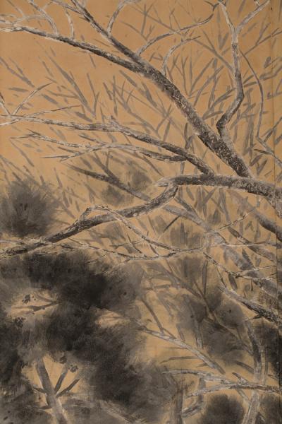 Japanese Six Panel Screen Late Autumn Pine and Crescent Moon