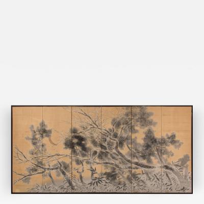 Japanese Six Panel Screen Late Autumn Pine and Crescent Moon