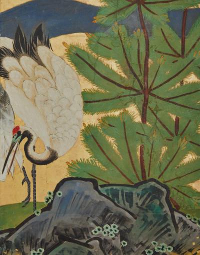 Japanese Six Panel Screen Manchurian Cranes and Pines on Gold